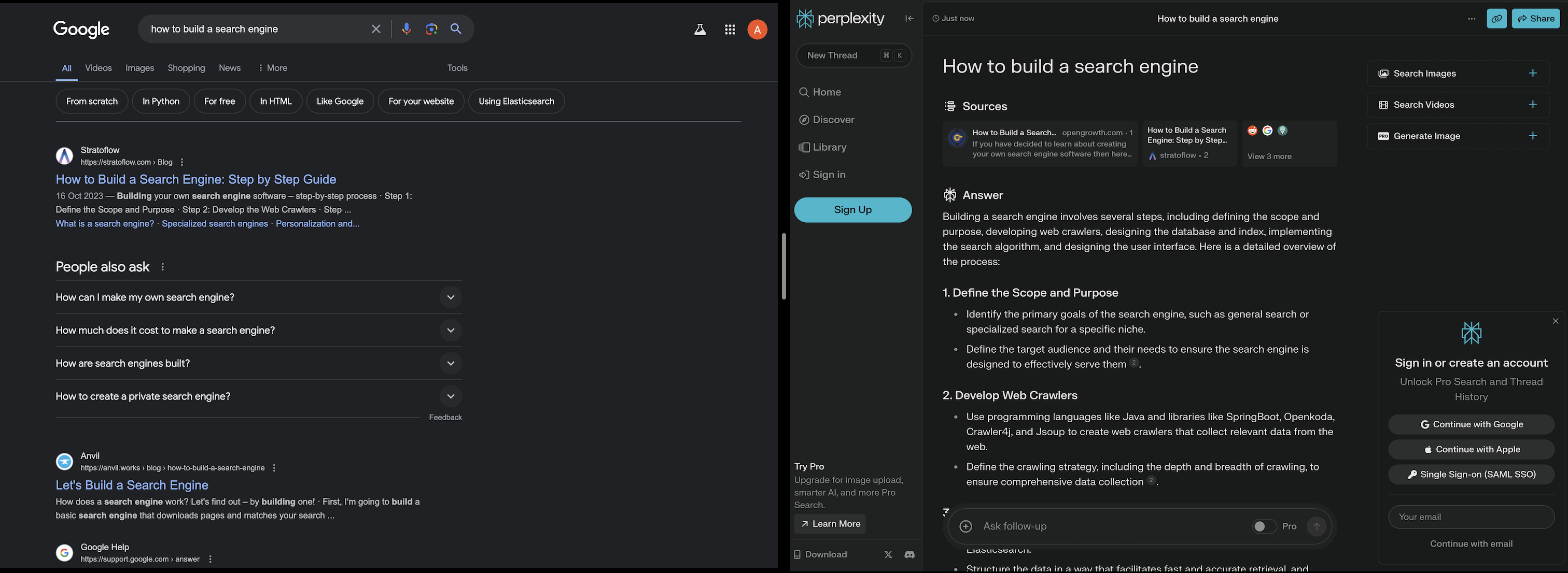 Image showing Google search and Perplexity AI results for the query <code>How to build a search engine</code>